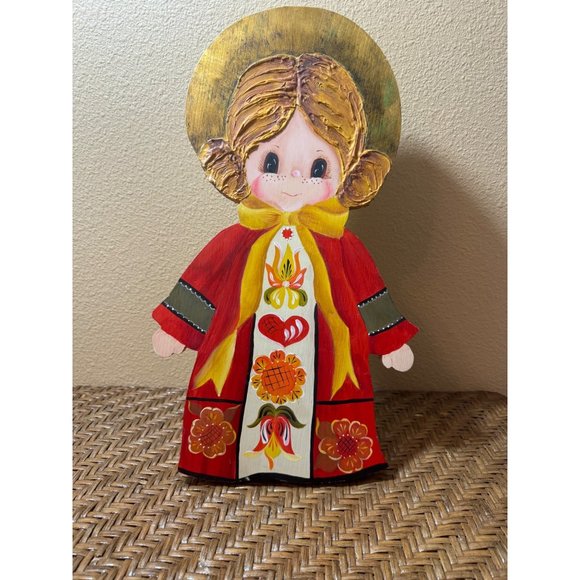 Christmas Handmade Folk Art Vintage Wooden Caroler Figurine Hand Painted Angel - Picture 1 of 9